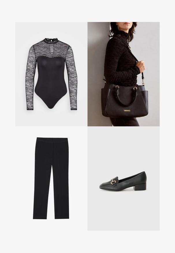 Czarny body z długimi koronkowymi rękawami, wysokim kołnierzem, detalem w kształcie łezki przy dekolcie oraz dopasowaną, gładką tkaniną na ciele. Koronka ma wzór kwiatowy.; Czarne spodnie o prostym kroju nogawki, z bocznymi kieszeniami i gładką strukturą materiału. Minimalistyczne detale, czysty pas. ; Czarne skórzane loafersy z płaskim obcasem, z ozdobnym złotym detalem z przodu i gładką fakturą.; Czarna torebka z teksturowanej powierzchni, podwójnymi uchwytami na górze i regulowanym paskiem na ramię. Posiada złote okucia i boczne kieszenie.