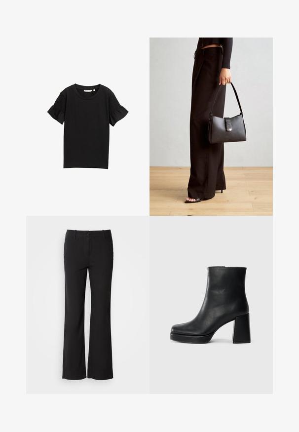 Melna īsām piedurknēm topa ar apaļu kakla izgriezumu. Piedurkņu daļā ir teksturēta smockinga detaļa, un audumam ir nemanāms ribots raksts.; Melni kokvilnas auduma bikses ar taisnu kāju dizainu, priekšējo pogu aizdari un divām sānu kabatām. Gluda tekstūra, bez redzamām rakstu zīmēm.; Melna ādas potīšu zābaku ar bloku papēdi un platformas zoli, skatīts no sāna uz vienkārša balta fona.; Melnā somiņa ar strukturētu formu, gludu tekstūru un metālu sprādzi. Saskaņota ar platām melnām biksēm un sandālēm ar atvērtu purngalu uz koka grīdas.