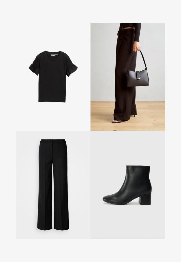 Sort kortærmet top med rund hals. Ærmerne har tekstureret smock-detalje, og stoffet har et subtilt ribbet mønster.; Sorte brede bukser i glat stof, med høj talje, skræddersyede sømme og et minimalistisk design. Ingen synlig hardware eller lommer.; Sorte læder ankelstøvler med spids tå og en kraftig hæl. Glat tekstur med minimale detaljer og et slankt, tætsiddende design.; Sort håndtaske med struktureret form, glat overflade og metalspænde. Sammen med brede sorte bukser og sandaler med åben tå på trægulv.
