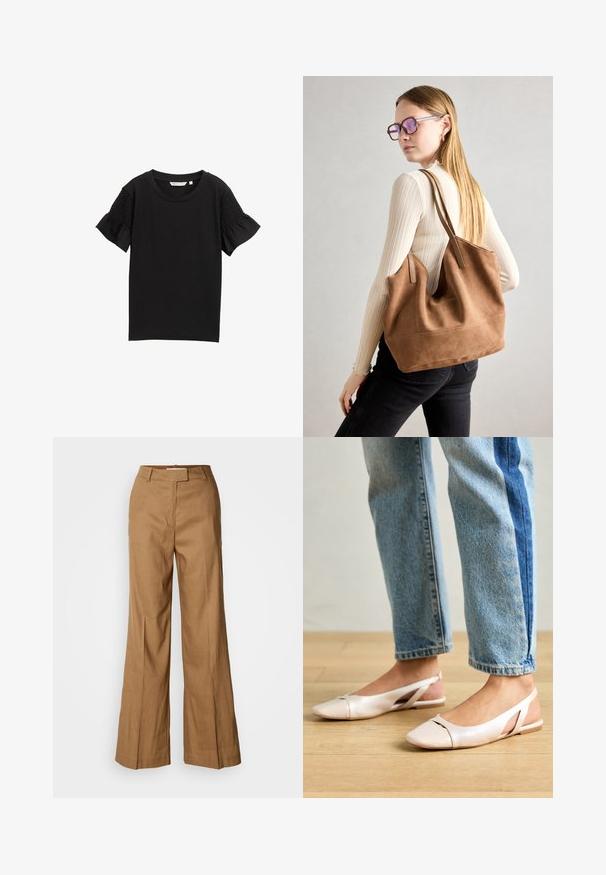 Melna īsām piedurknēm topa ar apaļu kakla izgriezumu. Piedurkņu daļā ir teksturēta smockinga detaļa, un audumam ir nemanāms ribots raksts.; Brūnas platās bikses, kas izgatavotas no viegla auduma. Ievērojama plakanā priekšpuse, jostas cilpas un piegriezums ar potītes garumu.; Bālti rozā siksniņu dzīvokļi ar smailu purngalu, izgatavoti no gludas ādas līdzīgās materiāla. Iezīmē izgriezumu detaļas sānos un platu papēdi.; Burgundijas zamšs tote soma ar mīkstu tekstūru, plašu atveri un garām siksnām. Iezīmē vienkāršu dizainu ar redzamām šuvēm un bez aparatūras.