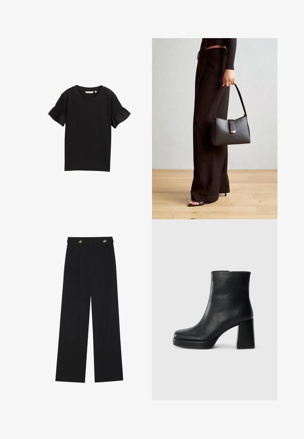 Musta lyhythihainen paita, jossa on pyöreä kaula-aukko. Hihoissa on teksturoitua smokkia, ja kankaassa on hillitty ribbikuvio.; Mustat leveälahkeiset housut, joissa on korkea vyötärö, napit vyötärönauhassa ja etupuolella laskokset.; Musta nahkasaapas nilkkapituisena, jossa on paksu korko ja alustapohja, nähtynä sivulta yksinkertaisella valkoisella taustalla.; Musta käsilaukku, jossa on rakenteellinen muoto, sileä pinta ja metallinen solki. Yhdistetty leveisiin mustiin housuihin ja avonaiheisiin sandaaleihin puulattialla.