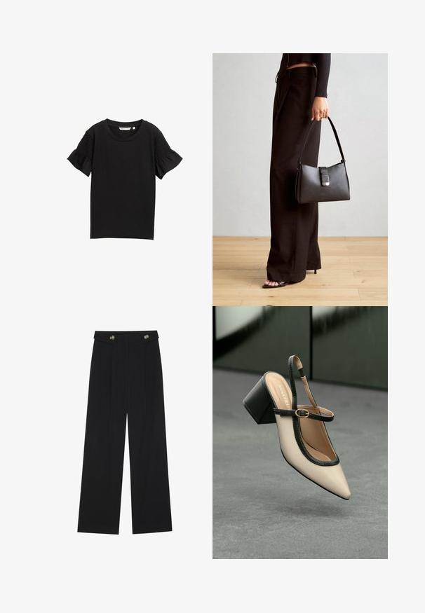 Juodas trumpas rankovėmis marškinėliai su apvaliu kaklu. Rankovės pasižymi tekstūruotu surinkimo detalėmis, o medžiaga turi subtilų grioveliais raštą.; Juodi plačios kojos kelnės su aukštu liemeniu, sagų detalėmis ant liemens ir priekinėmis raukšlėmis.; Šviesiai rudos suknelės bateliai su juodu apvadu, auksine sagtimi ir masyviu blokiniu kulnu, stovintys ant pilkos grindų su tamsiai žalia fonu.; Juodas rankinė struktūrizuota forma, lygi tekstūra ir metalinis užsegimas. Suporuota su plačiomis juodomis kelnėmis ir atvirais bateliais ant medinių grindų.