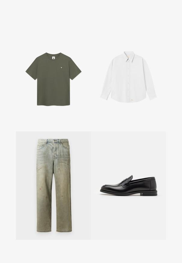 Jednoduché olivovo zelené tričko s krátkym rukávom a okrúhlym výstrihom, s malým bielym kruhovým logom "W" na ľavej hrudi.; Biela košeľa s gombíkmi a klasickým golierom, dlhými rukávmi a zaobleným lemom; obsahuje malé oranžové logo na dolnej ľavej strane.; Zničené džínsy vo svetlozelenej farbe s rovnými nohavicami, piatimi vreckami a nerovnomerným vyblednutím so škvrnami od farby.; Čierne kožené mokasíny s hladkou textúrou, zaoblenou špičkou a dekoračným pásikom cez priehlavok. Nízky vrstvený opätok, minimalistický dizajn.