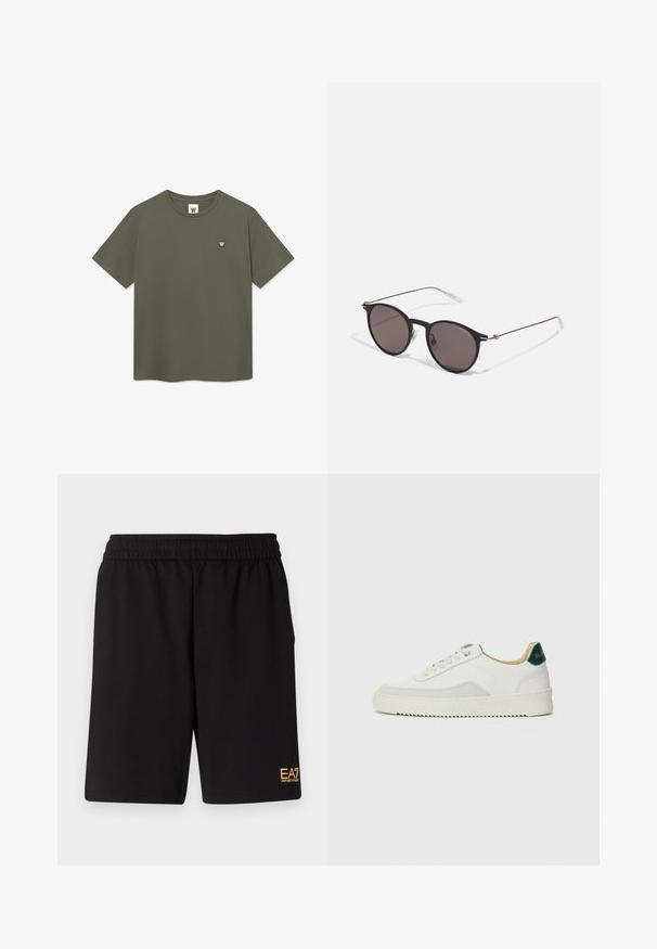 T-shirt vert olive uni à manches courtes avec un col rond et un petit logo circulaire blanc "W" sur la poitrine gauche.; Shorts de sport noirs en tissu doux, avec une taille élastique et un petit logo jaune EA7 sur le bas de la jambe gauche.; Baskets blanches avec des accents en daim, bout arrondi, lacets plats et semelle en caoutchouc crème. Présente une marque verte sur le talon.; Lunettes de soleil noires rondes avec verres sombres et branches en métal fines. Comprend des embouts transparents et des accents argentés au niveau de la charnière. Design minimaliste.