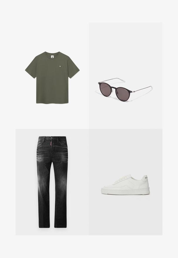 Enkelt olivgrønt kortærmet t-shirt med rund hals og lille cirkulær hvid "W"-logo på venstre bryst.; Sorte denim jeans med lige pasform. Har falmede områder, mindre slid, klassisk fem-lommer design og knaplukning.; Hvide lædersneakers med en glat overflade, rund tå, flade snørebånd og en tekstureret sål. Har et diskret logo på hælen.; Sorte runde solbriller med mørke linser og slanke metalarme. Inkluderer klare tempeltips og sølvdetaljer ved hængslet. Minimalistisk design.