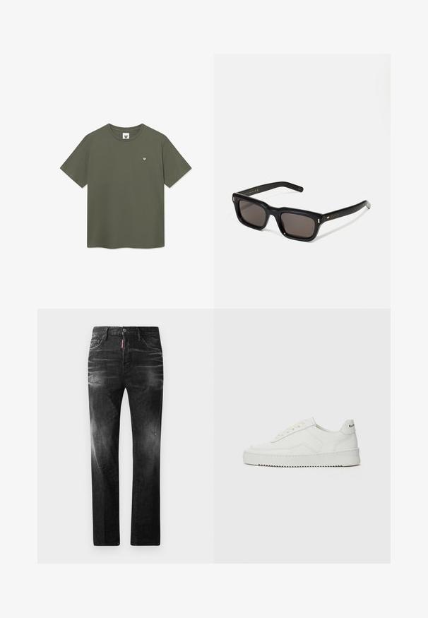 Enkelt olivgrønt kortærmet t-shirt med rund hals og lille cirkulær hvid "W"-logo på venstre bryst.; Sorte denim jeans med lige pasform. Har falmede områder, mindre slid, klassisk fem-lommer design og knaplukning.; Hvide lædersneakers med en glat overflade, rund tå, flade snørebånd og en tekstureret sål. Har et diskret logo på hælen.; Sorte rektangulære solbriller med mørke glas, tyk plastisk ramme, guldtryk på stængerne og brandlogo indgraveret på armen.