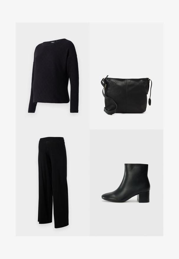 Crni dugi rukav pulover s dijamantskim uzorkom, okruglim izrezom i slobodnim krojem. Tkanina izgleda mekano i blago teksturirano.; Crne hlače širokih nogavica s elastičnim pojasom i glatkom, rastezljivom teksturom. Imaju jednostavan dizajn, bez uzoraka ili ukrasa.; Crne kožne čizme do članaka s uskim vrhom i debelim potplatom. Glatka tekstura s minimalnim detaljima i elegantan, prilagođen dizajn.; Crna kožna torbica preko tijela s ravnim oblikom, zlatnim detaljima i podešivim remenom. Glatka tekstura s minimalnim detaljima šivanja.