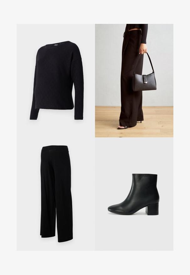 Crni dugi rukav pulover s dijamantskim uzorkom, okruglim izrezom i slobodnim krojem. Tkanina izgleda mekano i blago teksturirano.; Crne hlače širokih nogavica s elastičnim pojasom i glatkom, rastezljivom teksturom. Imaju jednostavan dizajn, bez uzoraka ili ukrasa.; Crne kožne čizme do članaka s uskim vrhom i debelim potplatom. Glatka tekstura s minimalnim detaljima i elegantan, prilagođen dizajn.; Crna torba s oblikom koji sadrži strukturu, glađu teksturu i metalnu kopču. Uparena s širokim crnim hlačama i sandalama na otvorenom s drvenog poda.