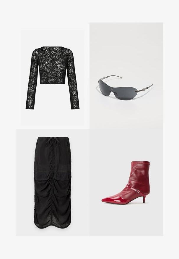 Schwarzes Spitzen-Crop-Top mit langen Ärmeln, das ein filigranes florales Muster und einen Rundhalsausschnitt aufweist. Weicher Stoff mit transparenter Optik.; Schwarze Midirock aus leichtem Stoff. Mit gerafften Details, zwei Vorderaschen und einem Kordelzugbund für Anpassungsfähigkeit.; Roter synthetischer Knöchelstiefel mit spitzer Zehenform, glänzender Oberfl äche und schmalem Absatz. Verfügt über einen Riemen mit einer Metall-Schnalle und einem elastischen Schaft.; Sonnenbrille mit dunkelgrauen Gläsern, eleganter, geschwungener Form und markanten, wellenförmigen Metallbügeln. Die Oberfläche ist glatt mit einem dezenten matten Finish.; Schwarzes Spitzen-Choker mit einem zentralen facettierten schwarzen Stein und dekorativen Metallakzenten, sowie hängenden schwarzen Perlendetails. Filigranes Spitzenmuster.