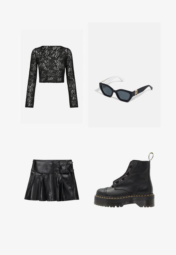 Top corti in pizzo nero con maniche lunghe, caratterizzato da un intricato motivo floreale e una scollatura a barca. Texture morbida con un aspetto trasparente.; Gonna in pelle nera con pieghe, cintura ampia e due dettagli con fibbia ai lati. Texture liscia con una finitura lucida.; Stivale alla caviglia in pelle nera con superficie testurizzata, punta tonda, design con lacci, cuciture gialle e una suola piatta nera spessa e scanalata.; Tommy Hilfiger Occhiali da sole - blue