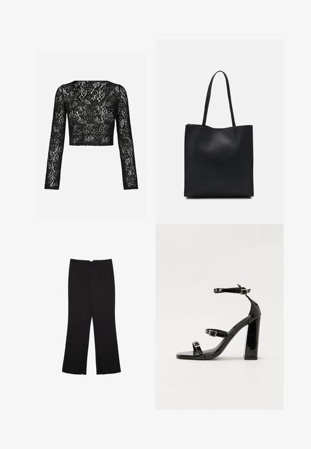 Čierny čipkový crop top s dlhými rukávmi, s detailným kvetinovým vzorom a okrúhlym výstrihom. Mäkká textúra s priesvitným vzhľadom.; Čierne nohavice so strihom rovného strihu, s prednými vreckami a bočnými rozparkami na leme. Vyrobené z mäkkej, hladkej tkaniny. Vhodné na rôzne príležitosti.; Čierne lakované sandále na podpätku so štvorcovou špičkou, navlečenými remienkami okolo členku a striebornými prackami. Disponujú masívnym blokovým podpätkom pre stabilitu.; Čierna kožená taška na rameno s hladkým povrchom, obdĺžnikovým tvarom a dvoma dlhými uchami. Bez viditeľného kovania alebo ozdôb.
