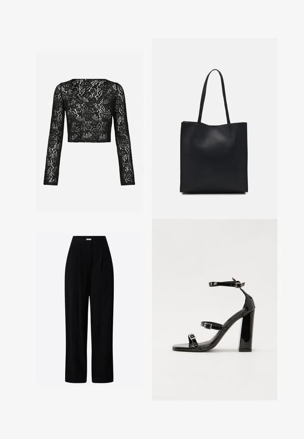 Schwarzes Spitzen-Crop-Top mit langen Ärmeln, das ein filigranes florales Muster und einen Rundhalsausschnitt aufweist. Weicher Stoff mit transparenter Optik.; Schwarze weite Hosen mit gefaltetem Bund, aus weichem Stoff gefertigt, mit glatter Textur und klaren Linien für einen maßgeschneiderten Look.; Schwarze Lackleder-Sandalen mit hohen Absätzen, zwei Riemen mit Schnallen, quadratischer Zehenpartie und klobigem Blockabsatz, mit einer glatten, glänzenden Textur.; Schwarze Laptoptasche aus Leder mit glatter Textur, rechteckiger Form und zwei langen Griffen. Keine sichtbaren Beschläge oder Verzierungen.