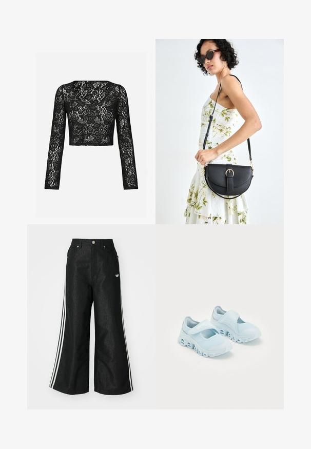 Schwarzes Spitzen-Crop-Top mit langen Ärmeln, das ein filigranes florales Muster und einen Rundhalsausschnitt aufweist. Weicher Stoff mit transparenter Optik.; Schwarze, weit geschnittene Jeans mit drei weißen Streifen an jeder Seite und einem kleinen weißen Logo. Mit vorderen Taschen und einem Knopfverschluss.; Helle blaue Sneaker aus Mesh-Stoff, mit auffälligen Ausschnitten in der Sohle und einem Klettverschlussriemen oben für einen sicheren Sitz.; Schwarze Lederhandtasche mit geschwungener Form, abnehmbarem Tragegurt und goldenen Beschlägen. Die Tasche verfügt über einen Deckel mit einer Schnallen-Details.