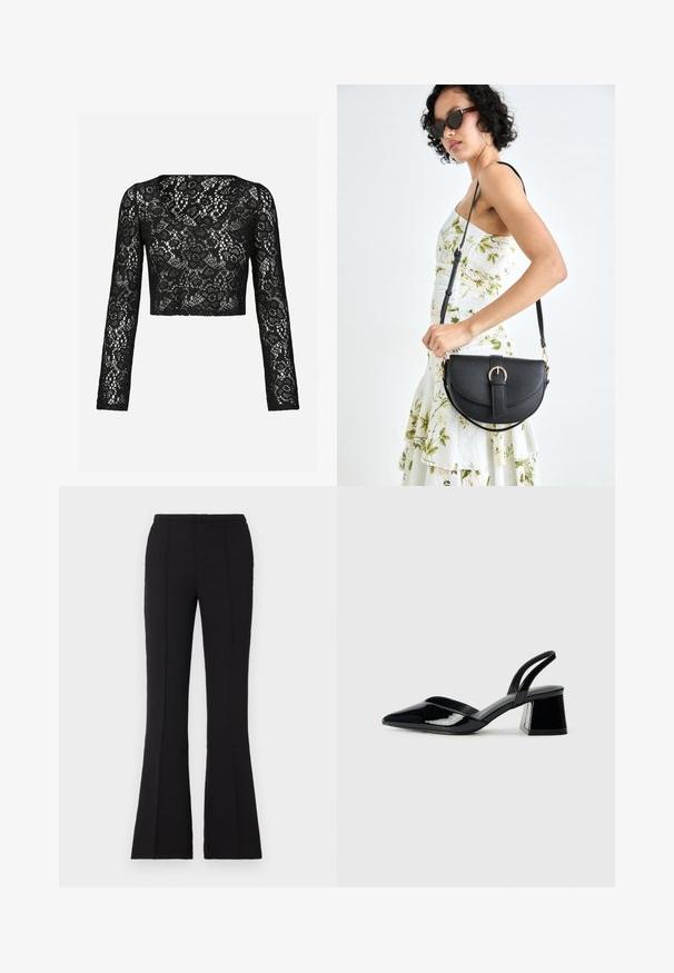 Czarny koronkowy top z długimi rękawami, zdobiony misternym wzorem kwiatowym i okrągłym dekoltem. Miękka tekstura z przezroczystym efektem.; Czarne rozszerzane spodnie wykonane z gładkiego materiału, z dopasowaną talią, szczegółami szwów z przodu oraz niewielkim rozszerzeniem zaczynającym się od kolana.; Czarne lakierowane półbuty na obcasie z wydłużonym noskiem i geometrycznym słupkiem. Charakteryzują się eleganckim, minimalistycznym designem oraz gładką fakturą.; Czarna skórzana torebka o zakrzywionym kształcie, z odpinanym paskiem i złotymi akcentami. Torebka posiada klapę z zapięciem w kształcie klamry.