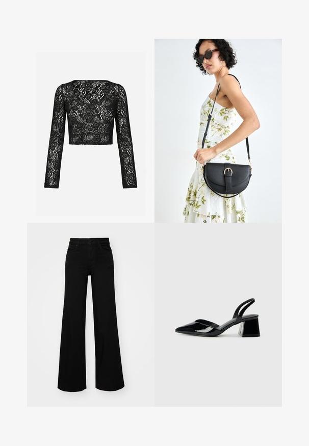 Crna čipkasta kratka haljina s dugim rukavima, koja ima složen cvjetni uzorak i izrez u obliku krofa. Meki teksturirani materijal s prozirnim izgledom.; Crne široke traperice s čvrstim pojasom, petljama za remen i prednjim džepovima. Gladak teksturirani materijal s klasičnim dizajnom.; Crne lakirane kožne sandale s otvorenom petom i špicastim vrhom, s geometrijskom blok petom. Imaju elegantan, minimalistički dizajn i glatku teksturu.; Crna kožna torba s lukovitim oblikom, odvojivim remenom i zlatnim detaljima. Torba ima preklop s kopčom.