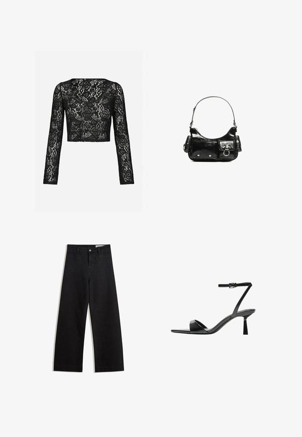 Crna čipkasta kratka haljina s dugim rukavima, koja ima složen cvjetni uzorak i izrez u obliku krofa. Meki teksturirani materijal s prozirnim izgledom.; Crne široke traperice s visokim strukom, s prednjim i stražnjim džepovima, šivenim šavovima i kopčanjem na gumb. Glatka tekstura.; Bershka Sandale s visokom petom - black; Crna patentna kožna torba s zakrivljenim oblikom, jednim remenom za rame, prednjim džepovima i akcentima od srebrnog tona.