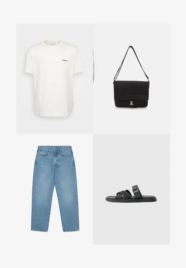 Witte katoenen T-shirt met korte mouwen, ronde halslijn en zwarte "Originals" tekst op de voorkant links. Zachte textuur en rechte snit.; Lichtblauwe denim wijde jeans met een hoge taille, voorzien van vijf zakken, riemlusjes en een zachte, licht vervaagde textuur.; Zwarte sandaal met gevlochten banden, een platte zool en een gespsluiting rond de enkel. Gemaakt van synthetisch materiaal met een gladde afwerking.; Zwarte schoudertas van glad materiaal, met een omklapflap, zilveren sluiting en een verstelbare schouderband.