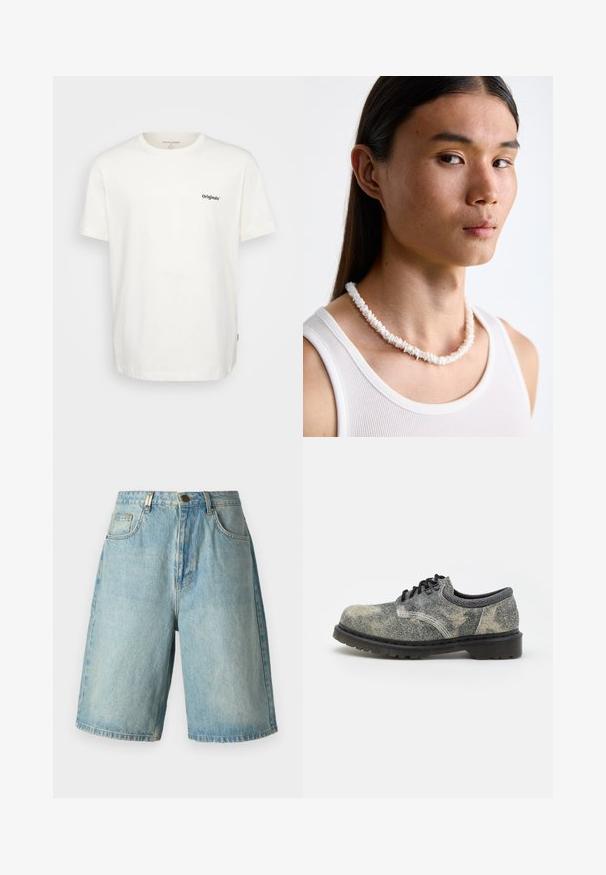 Hvid bomulds t-shirt med korte ærmer, rund halsudskæring og sort "Originals" tekst på venstre forsiden. Blød tekstur og lige snit.; Lystblå denim short med en afslappet pasform, der har forlommer, knaplukning og en falmet vask med subtile slidte detaljer.; Snørebåndssko lavet af struktureret grå stof med sorte accenter, en tyk gummisål og hvide syninger. Rundt tådesign.; Hvid skal halskæde bestående af uregelmæssige former, båret over en tætsiddende hvid tanktop. Glat tekstur med subtil glans, tætsiddende design.