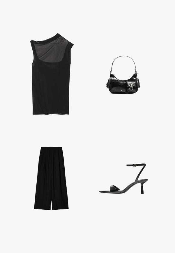 Zwart mesh mouwloos top met een asymmetrische halslijn, een zachte textuur en een gedrapeerd detail aan de zoom. Lichtgewicht en transparante stof.; Zwarte wijde broek van lichtgewicht stof, met een elastische tailleband en een zachte, gekreukte textuur. Vloerlengte ontwerp.; Bershka Sandalen met hoge hak - black; Zwarte laarzen in lakleer met een gebogen vorm, één schouderband, voorvakken en accenten in zilverkleurig metaal.