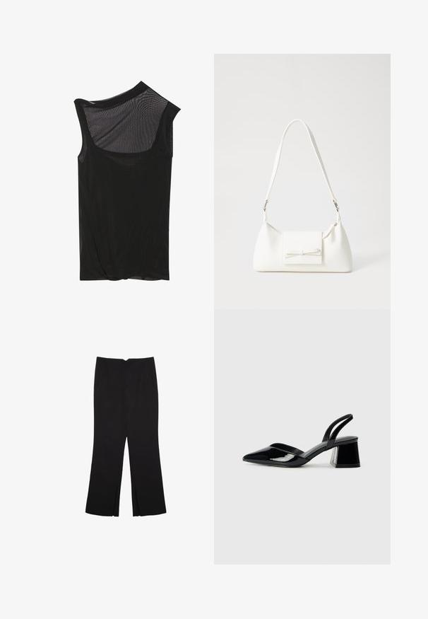 Top senza maniche in rete nera con scollatura asimmetrica, morbido al tatto e dettaglio drappeggiato all'orlo. Tessuto leggero e trasparente.; Pantaloni neri a gamba dritta, con tasche frontali e spacchi laterali all'orlo. Realizzati in tessuto morbido e liscio. Adatti a diverse occasioni.; Décolleté in vernice nera con punta affusolata e tacco in geometria cubica. Presentano un design elegante e minimalista, con una texture liscia.; Borsa sintetica bianca a forma triangolare, con patta anteriore piatta e dettaglio a fiocco, tracolla regolabile, texture liscia e design minimalista.