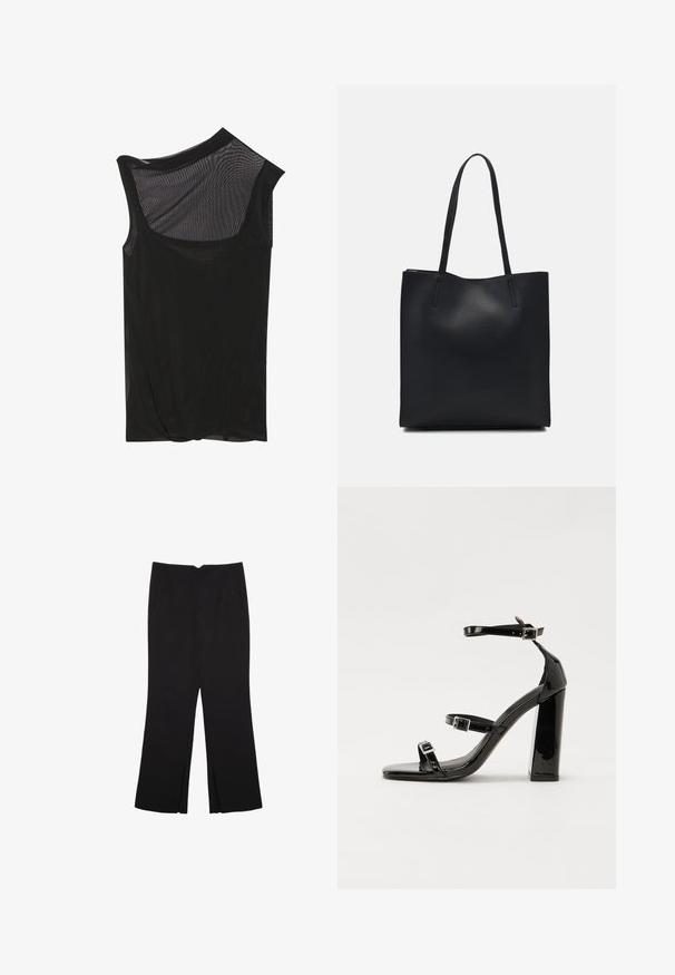 Czarny siateczkowy top bez rękawów z asymetrycznym dekoltem, miękką teksturą i oplecionym detalem u dołu. Lekki i przezroczysty materiał.; Czarne spodnie o prostym kroju, z przednimi kieszeniami i bocznymi rozcięciami na dole. Wykonane z miękkiego, gładkiego materiału. Odpowiednie na różne okazje.; Czarne lakierowane sandały na obcasie z kwadratowym noskiem, z paskami wokół kostki i srebrnymi klamrami. Posiadają masywny słupek dla stabilności.; Czarna skórzana torba tote o gładkiej fakturze, prostokątnym kształcie i dwóch długich uchwytach. Brak widocznych elementów metalowych i ozdób.