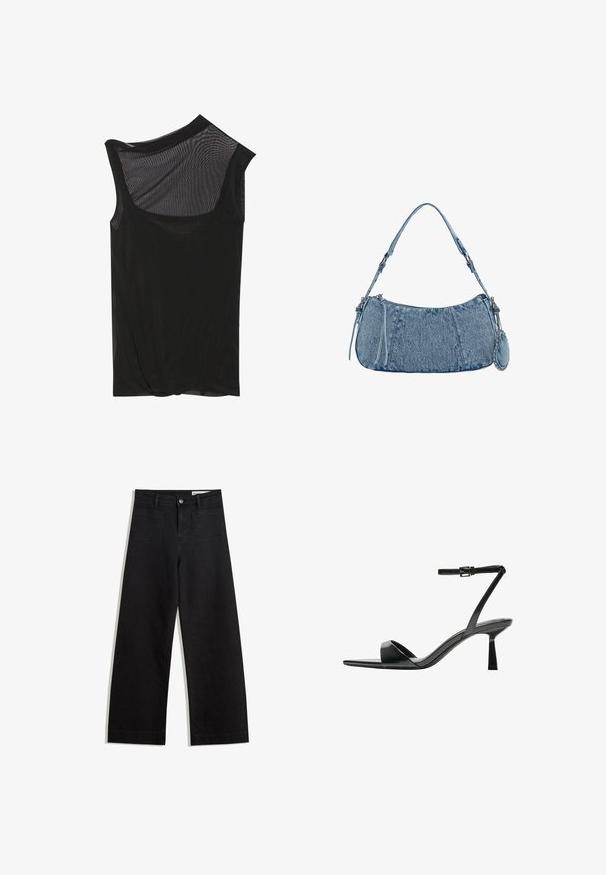 Zwart mesh mouwloos top met een asymmetrische halslijn, een zachte textuur en een gedrapeerd detail aan de zoom. Lichtgewicht en transparante stof.; Zwarte denim broek met wijde pijpen en een hoge taille, voorzien van voor- en achterzakken, gestikte naden en een knoopsluiting. Gladde textuur.; Bershka Sandalen met hoge hak - black; Denim handtas met een gebogen vorm, lichtblauwe kleur, verstelbare schouderriem en een kleine afneembare pouch met metallic accenten.