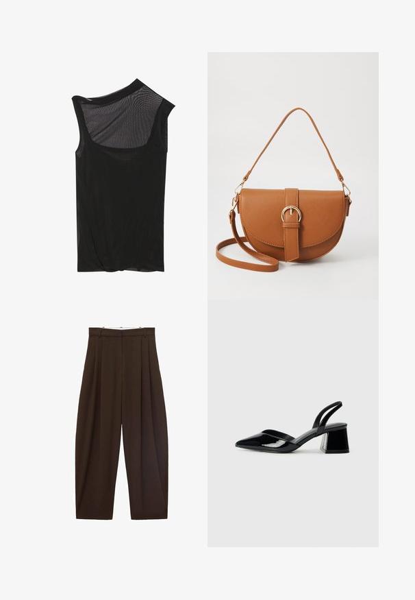 Sort mesh ærmeløs top med en asymmetrisk halsudskæring, blød tekstur og draperet detalje ved kanten. Letvægts og gennemsigtig stof.; Brune højtaljede bukser med folder, lavet af glat stof. Løs pasform, straight leg design, med bæltestropper og lynlås.; Sorte patentlæder slingback hæle med spids tå og en geometrisk blok hæl. Har et elegant, minimalistisk design og en glat tekstur.; Brun læder crossbody taske med en buet form, guldfarvet hardware og en spændeaccent. Har en aftagelig skulderrem.