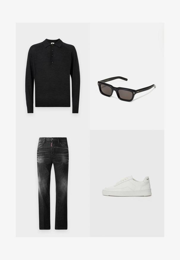 Fekete, hosszú ujjú polo ing, puha kötött anyagból készült, klasszikus gallérral, öt gombos gombolással és bordázott szegélyével.; Fekete farmernadrág egyenes szabással. Fakadó területek, kisebb kopások, klasszikus öt zsebes kialakítás és gombos zárás jellemzi.; Fehér bőr sportcipő sima felülettel, kerek orral, lapos fűzőkkel és texturált talppal. Finom logó található a sarokon.; Fekete téglalap alakú napszemüveg sötét lencsékkel, vastag műanyag keret, arany díszítések a szárakon, és a márka logója gravírozva a szára.