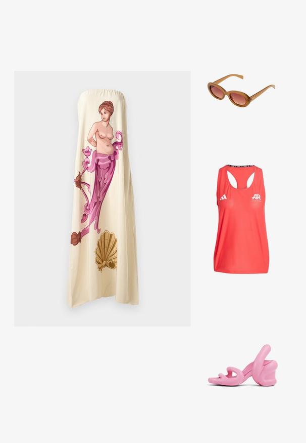 Camiseta deportiva roja sin mangas con escote redondeado, diseño de espalda cruzada, logo de Adidas y marca "AR". Fabricada con un tejido transpirable y texturizado.; Vestido crema sin tirantes que presenta una gran ilustración colorida de una figura clásica con acentos florales en rosa y marrón, mostrando un diseño fluido.; Sandalias de tacón alto esculturales rosas con un diseño ondulado y un tacón grueso, fabricadas en plástico suave con cortes en la zona de los dedos.; Gafas de sol de plástico marrón con forma ovalada y lentes degradados en rosa. Presentan varillas delgadas y elegantes, y un logo sutil en el costado.