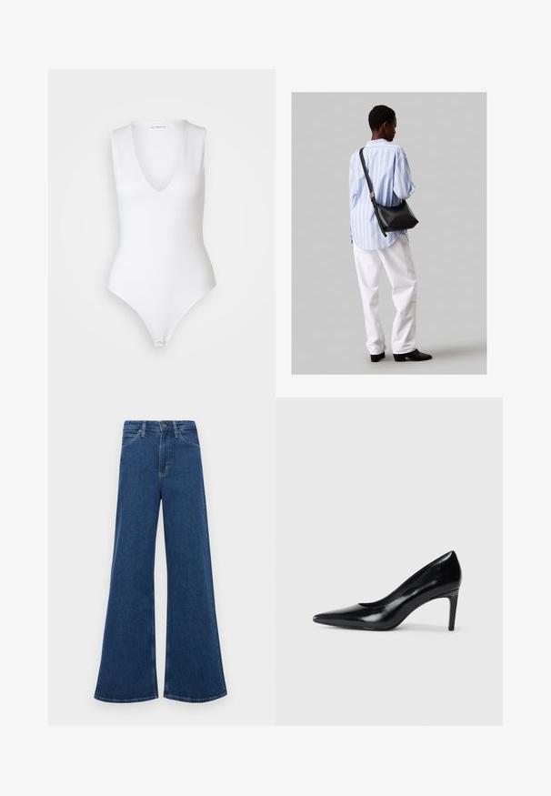 Good American SCUBA DEEP V TANK BODYSUIT - Topp - withe; Sinine denimist laienevad teksad kõrge vöökoha ja viie taskuga, nupuvajutusega kinnituse ning kontrastsete õmblustega õmblustel.; Mustmust musta kõrge kontsaga king, millel on terav varvas, sile tekstuur ja kitsenev konts. Minimalistlik disain, ilma täiendavate kaunistusteta.; Must have mustras alasi nahkpatsi, pehme tekstuuriga, kolmnurkse kujuga ja reguleeritava rihmaga, koos helesinise triibulise särgi ja valgete pükstega.