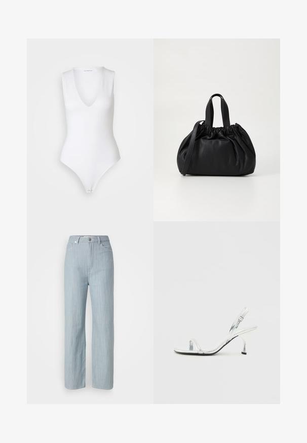 Good American SCUBA DEEP V TANK BODYSUIT - Top - withe; Light blue straight-leg jeans made of denim. Features five pockets, a metal button closure, and subtle whiskering for texture.; Silver patent leather slingback high heel sandal with a narrow toe strap, adjustable buckle, and a slender heel.; Black leather handbag with a gathered top design, featuring two short handles and a long adjustable strap. Smooth texture, rounded shape.