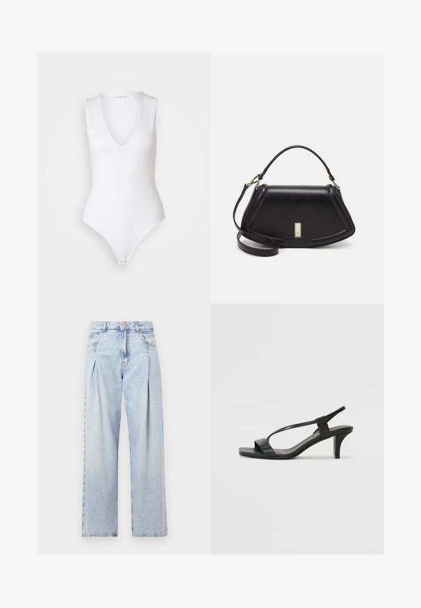 Good American SCUBA DEEP V TANK BODYSUIT - Top - withe; Jeans in denim azzurro chiaro con vita alta, taglio a gamba larga, due tasche laterali e design plissettato. Texture morbida con una finitura sbiadita.; Sandali neri con tacco, caratterizzati da un design a cinturino sottile, punta quadrata e tacco medio a blocco. Realizzati in pelle liscia con una finitura opaca.; Borsa a mano in pelle nera con un design strutturato, caratterizzata da una forma corta, manico superiore e accessori in metallo dorato. Inclusa tracolla regolabile.