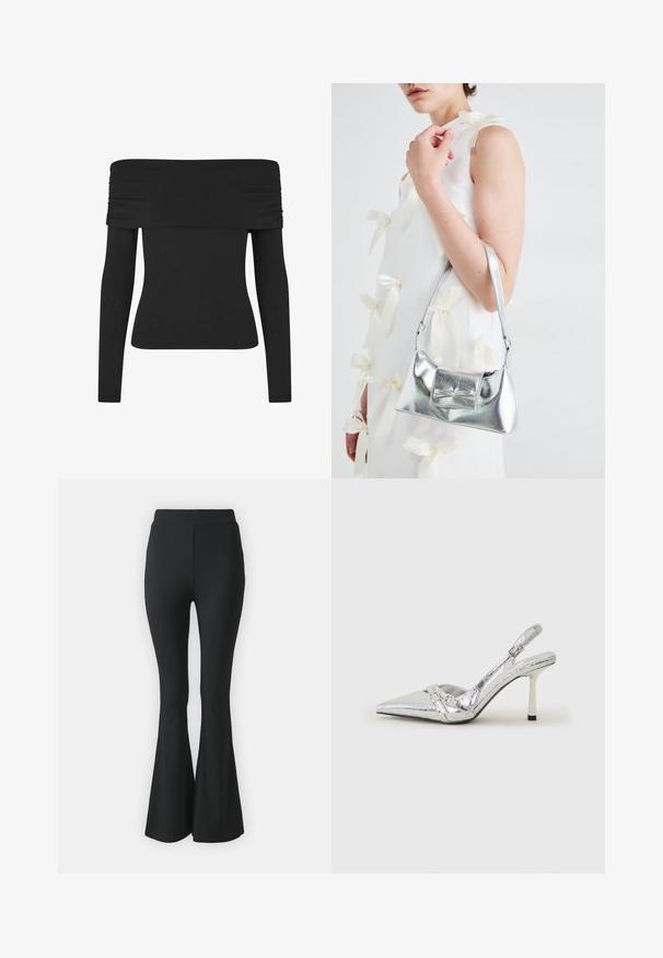 Melna blūze ar plecus atklātu dizainu un garām piedurknēm, ar savilktu auduma detaļu ap kakla izgriezumu, gludu tekstūru un pieguļošu piegriezumu.; Melni platas bikses, kas izgatavotas no elastīga auduma. Tām ir augsts viduklis un gluda, pieguloša forma, kas paplašinās no ceļa uz leju.; Sudraba slingback augstpapēžu kurpe ar norādītu purngalu, metālisku apdari, diviem dekoratīviem siksniņām un plānu papēdi ar melnu galu.; Sudraba metāla rokassoma ar struktūru formu, aprīkota ar augšējo rokturi un priekšpusē esošu loku. Gluda tekstūra, atstarojoša virsma.