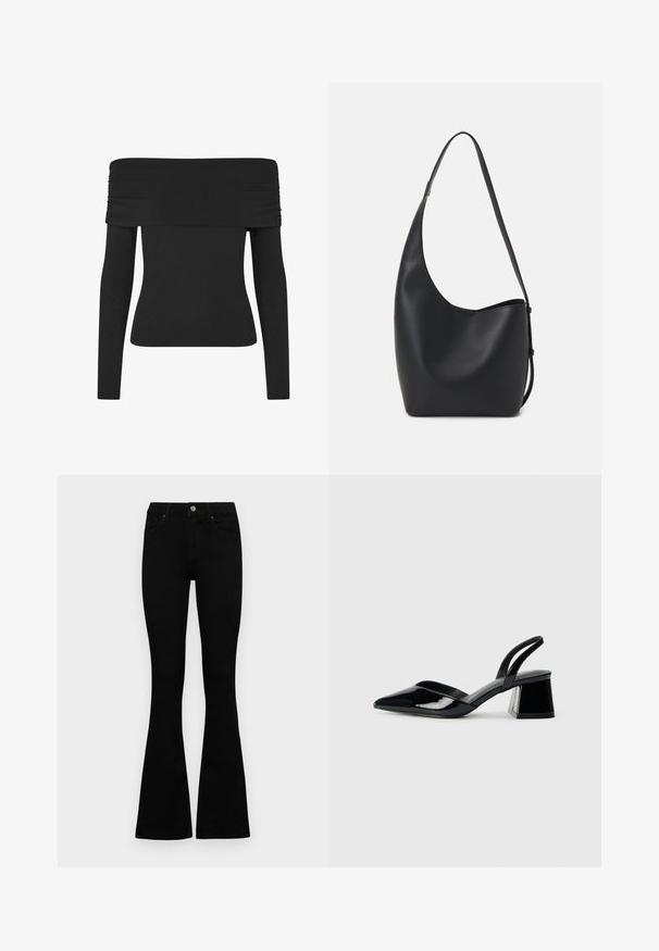 Schwarzes Off-Shoulder-Oberteil mit langen Ärmeln, das eine geraffte Stoffdetails entlang des Ausschnitts aufweist, eine glatte Textur und einen schmalen Schnitt hat.; Schwarze hochtaillierte Jeans mit einem Knopf- und Reißverschluss, Fronttaschen und ausgestellten Beinen, flach auf einem weißen Hintergrund ausgelegt.; Schwarze Lackleder-Slingback-High Heels mit spitzem Schuh und einem geometrischen Blockabsatz. Verfügt über ein schlankes, minimalistisches Design und eine glatte Textur.; Schwarze Leder-Hobo-Tasche mit einer glatten Textur, geschwungener Form und einem einzelnen verstellbaren Tragegurt; verfügt über eine weite Öffnung am oberen Ende.