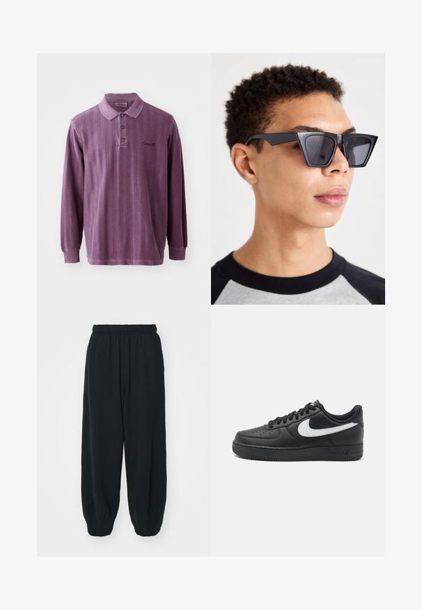 Hosszú ujjú pólóing tompa lila színben, függőleges csíkokkal és három gombos záródással; hímzett logóval a mellrészen és bordázott mandzsettákkal rendelkezik.; Fekete, rugalmas derékpántos melegítőnadrág, laza fit, véget érő szárakkal, sima textúrával, látható minták vagy hardver díszek nélkül.; Fekete Nike Air Force 1 tornacipő sima bőrből készült felsőrésszel, fehér logóval, perforált orral és texturált gumitalppal.; Fekete, szögletes napszemüveg sötét lencsékkel, merész geometrikus dizájnnal és matt felülettel. Egy rövid hajú személy viseli.