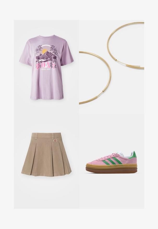 Lilac T-shirt gemaakt van katoen, met een grafisch beeld van bergen, zon en bladeren. De merknaam "ROXY" is prominent weergegeven in het roze.; Beige geplooide rok gemaakt van een gestructureerde stof. Voorzien van een tailleband met riemlussen en een logopatch aan de linkerzijde.; Roze suede sneakers met groene strepen, witte accenten en een bruine rubberen zool. Heeft een gestructureerde stof en logodetails aan de zijkant.; Gouden oorringen, dun en rond van vorm, met een gladde metallic afwerking en zonder versieringen of patronen.
