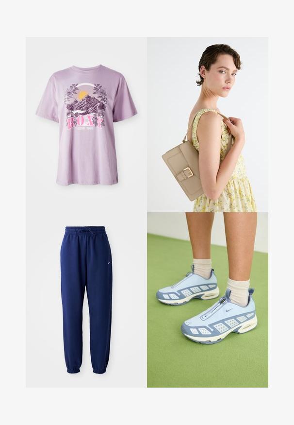 Lila majica iz bombaža, ki prikazuje grafiko gora, sonca in listja. Ime blagovne znamke "ROXY" je izpostavljeno v roza barvi.; Temno modri trenirka hlače iz mehkega blaga, z elastičnim pasom in vrvico, elastičnimi manšeti ter majhnim belim logotipom.; Svetlo modre športne čevlje z belimi poudarki, teksturiranimi paneli in zadrgo. Vključujejo vidno zračno oblazinjenje v podplatu in gumijast podplat.; Bežna usnjena torbica s strukturirano zasnovo, z zlatim zaponko in nastavljivim trakom, prikazana na svetli podlagi.