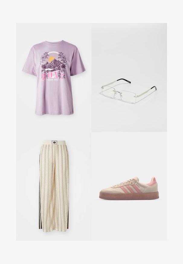 Fialové tričko vyrobené z bavlny, s grafikou hôr, slnka a listov. Názov značky "ROXY" je výrazne zobrazený v ružovej farbe.; Béžové nohavice s širokými nohavicami a zigzagovými vzormi, s čiernym logom na páse a bočnými čiernymi pruhmi. Ľahká, textúrovaná látka.; Béžové semišové tenisky s jemne ružovými akcentmi, štruktúrovaná gumová podrážka a tri ružové pruhy na boku. Zaoblená špička a šnurovací dizajn.; Obdĺžnikové, číre šošovky s tenkým strieborným kovovým rámom a čiernymi acetátovými špičkami. Obsahuje minimálnu hardvérovú výbavu pre elegantný dizajn.