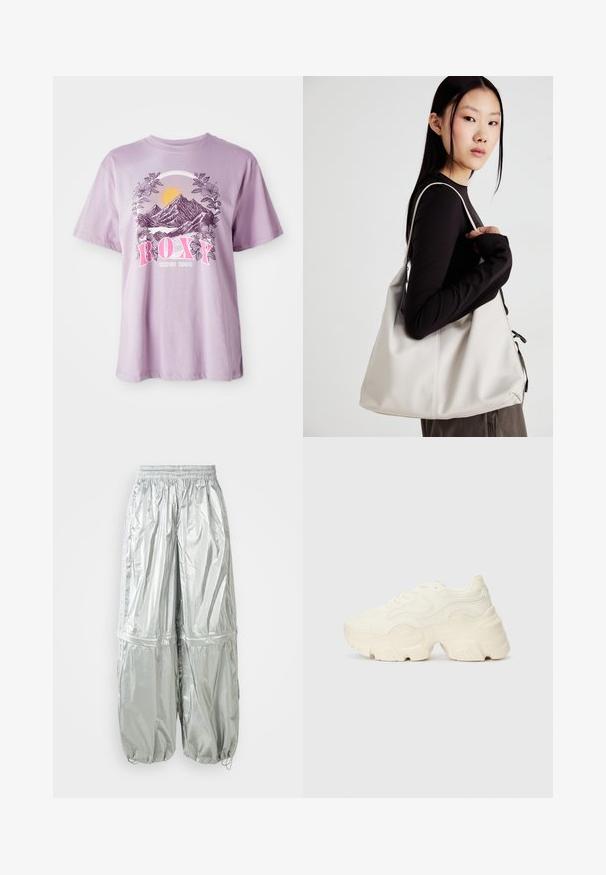 Lilac T-shirt gemaakt van katoen, met een grafisch beeld van bergen, zon en bladeren. De merknaam "ROXY" is prominent weergegeven in het roze.; Zilveren lichtgewicht cargo-broek met een glanzende textuur, elastische tailleband, gebonden manchetten en twee grote zijzakken.; Chunky witte sneakers gemaakt van geperforeerd mesh en synthetische materialen, met een dikke zool en ingewikkelde patroon details aan de zijkanten.; Beige handtas gemaakt van zacht materiaal, met een slonzig ontwerp, gestikte details en twee schouderbanden. Geschikt voor dagelijks gebruik.
