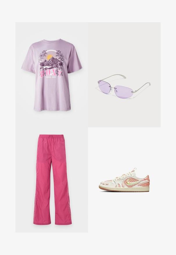Lila T-Shirt aus Baumwolle, mit einem grafischen Motiv von Bergen, Sonne und Laub. Der Markenname "ROXY" ist auffällig in Pink dargestellt.; Leichte, rosa Hosen mit Gummizug in der Taille, weitem Bein und weißen Seitestreifen. Glatte Textur, geeignet für die Freizeit.; Nike Sneakers mit einem Obermaterial aus weißem Leder, rosa Mesh-Akzenten und reflektierendem Swoosh. Sie verfügen über eine strukturierte Sohle und filigrane Designdetails.; Sonnenbrille mit ovalen lila Gläsern, Metallrahmen und dünnen Bügeln. Klare Nasenpolster und dezente Markenkennzeichnung am Bügel.