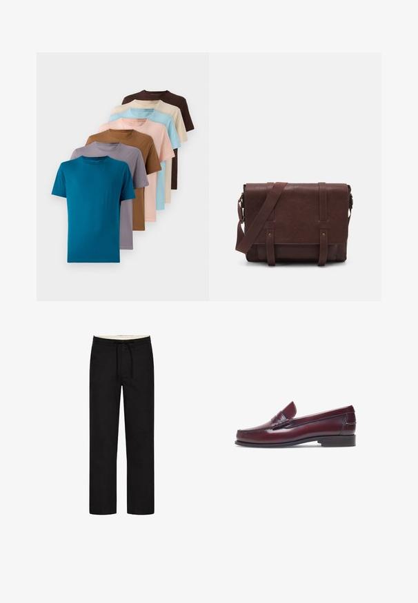 Set aus acht T-Shirts mit Rundhalsausschnitt in verschiedenen Farben: Türkis, Braun, Beige, Hellblau, Hellrosa, Grau und Lavendel, aus glattem Stoff gefertigt.; Schwarz-weiße karierte Langarmbluse mit Knopfleiste, mittelgroßem Kragen und gewebter Textur. Verfügt über schwarze Knöpfe und einen lässigen Schnitt.; Schwarze, gerade geschnittene Hosen mit elastischem Bund, Kordelzug und unauffälligem Design. Weicher Stofftextur. Keine sichtbaren Muster oder Akzente.; Burgunderfarbene Lederloafer mit abgerundeter Zehenform, gestickten Details und einem kleinen dekorativen Akzent auf dem Blatt. Flache, kontrastierende Sohle.; Braune Leder-Umhängetasche mit einer flachen Vorderklappe, zwei Riemen, goldenen Hardware-Akzenten und einem verstellbaren Schultergurt.
