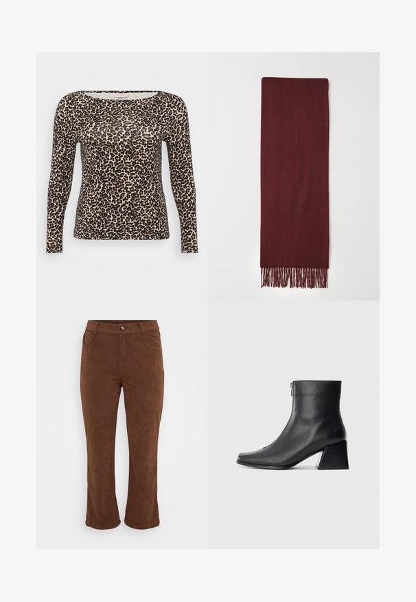 Kergest kangast pikkade varrukatega top, millel on beež alus ja must leopardimuster, ning lai ümmargune kaelus.; Pruunid korduroiped, millel on sirge jala disain, nupuväline, kaks küljetaskut ja ribakujuline tekstuur.; Must musta ankle bot, mille ruudukujuline varvas, külgriiv ja plokk-konts, heledal taustal.; Tumeburgundia villane särk, millel on siledate otstega äärised, asetatud tasasele valgele taustale.; Mustast nahast õlakott, mis omab siledat tekstuuri, ristküliku kuju ning esiküljel metallketi detaili. Reguleeritav rihm on kaasas.