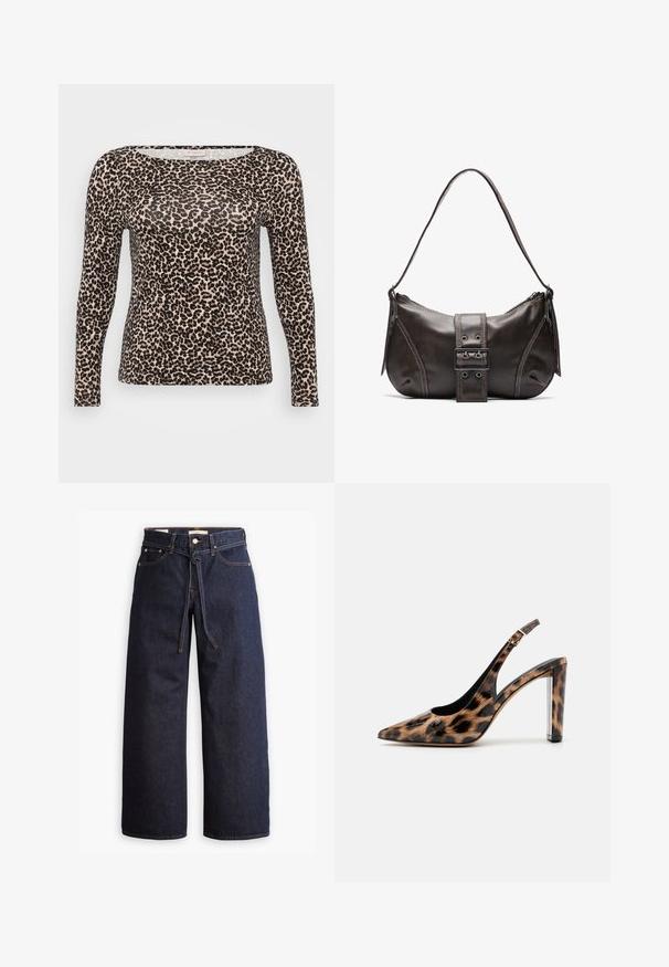 Maglietta a maniche lunghe in tessuto leggero con base beige e motivo a stampa leopardata nera, con scollatura larga e arrotondata.; Jeans in denim scuro a gamba larga con vita alta, dotati di un laccio, cinque tasche e dettagli di cucitura a contrasto.; Décolleté con stampa leopardata, dotato di cinturino alla caviglia e tacco a blocco trasparente. Realizzato in materiale lucido con una superficie morbida.; Borsa a spalla in pelle marrone con una forma curvata, caratterizzata da un evidente dettaglio a fibbia, cuciture a contrasto e una sola tracolla.; Orecchini a cerchio in oro con un design liscio e arrotondato e una finitura lucida. Costruzione leggera con chiusura a scatto sicura.