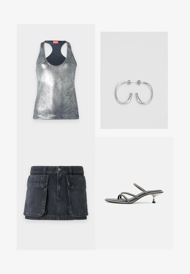 Strieborný kovový bezrukávový top s okrúhlym výstrihom a pretekárskym dizajnom, s červenou nálepkou na chrbte. Hladká textúra.; Čierna džínsová sukňa s priliehavým pásom, zapínaním na gombík, dvoma veľkými prednými vreckami a kontrastným šitím.; Denimové sandále s tromi tenkými popruhmi ozdobenými kamienkami, špicatou špičkou a kovovým, ihlovým podpätkom. Neklzká základňa.; Strieborné kruhové náušnice s hladkým a lesklým povrchom. Okrúhly tvar, ľahký dizajn, s uzáverom na kolík.