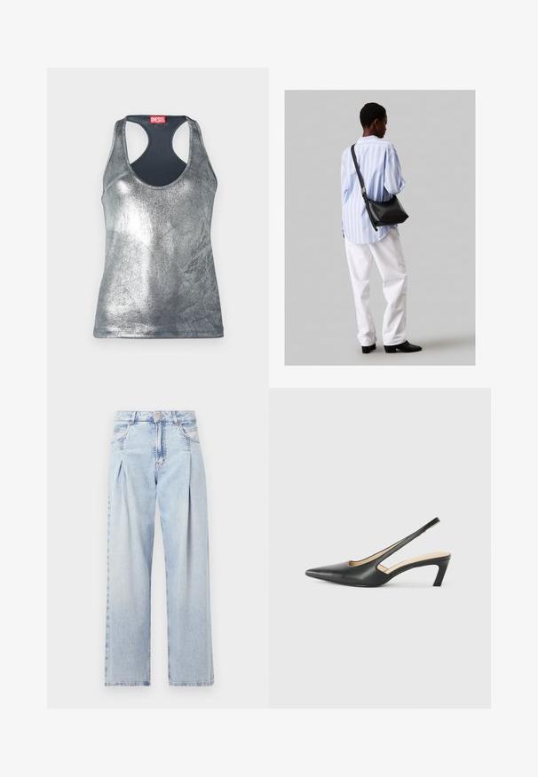 Sølvmetallisk ermeløs tanktop med rund halslinning og racerback-design, med et rødt merke på baksiden. Glatt tekstur.; Lyseblå denimjeans med høy livlinje, vide ben, to sidelommer og plisserte detaljer. Myk tekstur med en falmet finish.; Svart spiss tå slingback-sko med lav hæl, laget av jevnt skinnmateriale og med utskåret design på siden for pusteevne.; Svart lær skulderveske med en myk tekstur, trekantet form og justerbar stropp, kombinert med en lyseblå stripete skjorte og hvite bukser.