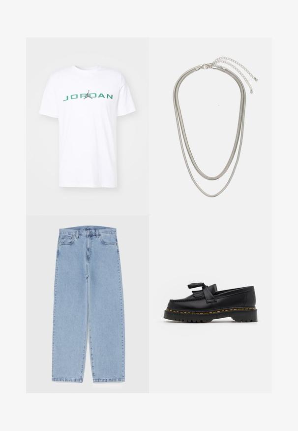 Fehér pamut póló, zöld betűkkel a "JORDAN" felirattal, alatta középen szürke Jumpman logóval. Rövid ujjak, kerek nyakú.; Világoskék farmernadrág egyenes szárú kivitelben, közepes derékkal, öt zsebbel, gombos és cipzáros záródással.; Fekete bőr mokaszin, rojtos díszítéssel, masszív fekete talppal és sárga varrással az élén. Texturált felület.; Háromrétegű ezüstszínű fém nyaklánc, letisztult, rugalmas láncokkal, enyhe fényességgel, homárkapoccsal rögzítve és állítható lánccal.