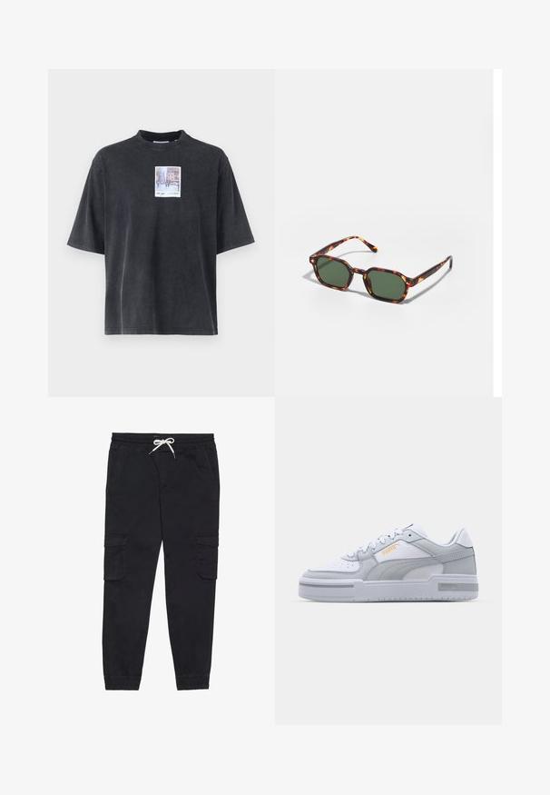 Short-sleeve, oversized black cotton t-shirt with a square graphic depicting a city scene, featuring soft texture and a crew neckline.; Black cargo pants made of cotton, featuring an elastic waistband with a drawstring, side pockets, and tapered cuffs.; Gray and white sneakers with smooth leather upper, perforated toe, lace-up closure, textured accents, and a subtle gold logo.; Tortoiseshell sunglasses with green lenses, featuring an octagonal shape and slim, curved arms. Material has a glossy finish.