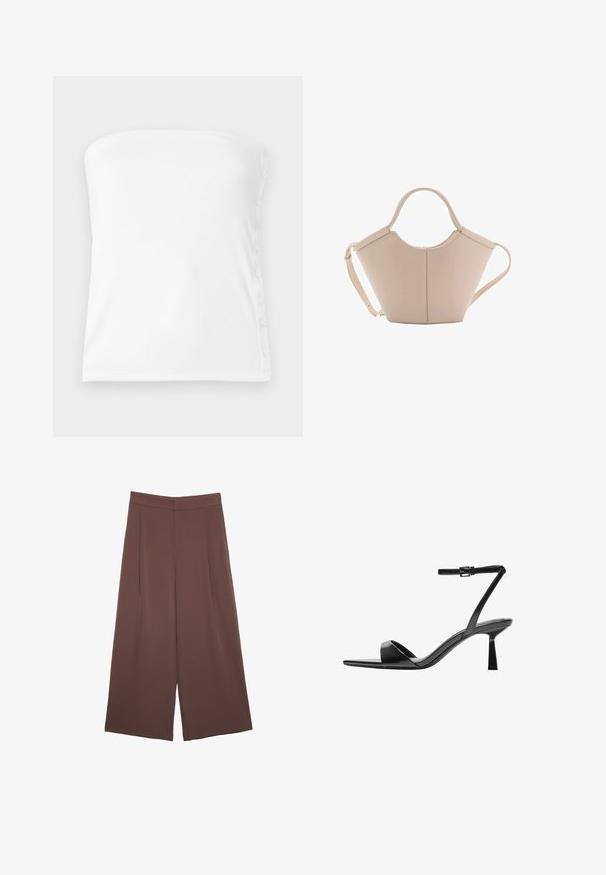 Weißes trägerloses Top aus geripptem Stoff, mit einem geraden Ausschnitt und Knöpfen auf der rechten Seite für eine anpassbare Passform.; Braune Weite-Leg-Hosen mit einer glatten Textur, hoher Taille und Vorderfalten. Der Stoff ist leicht und fällt locker.; Bershka High Heel Sandalette - black; Beige Lederhandtasche mit einer einzigartigen Form, die zwei kurze Henkel und einen langen verstellbaren Riemen aufweist. Glatte Textur mit minimalen Hardware-Elementen.