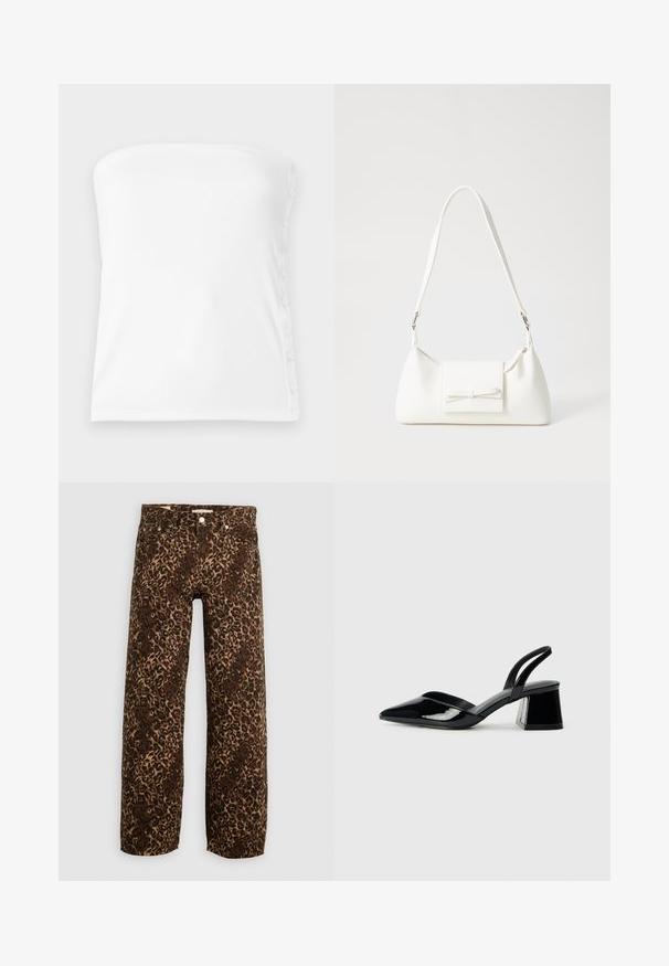 Top blanc sans bretelles en tissu côtelé, avec un décolleté droit et des boutons sur le côté droit pour un ajustement ajustable.; Jean large en imprimé léopard marron et beige. Fabriqué en denim, avec une conception classique à cinq poches et des accents en métal.; Escarpins en cuir verni noir avec bout pointu et talon bloc géométrique. Présente un design élégant et minimaliste ainsi qu'une texture lisse.; Sac à main synthétique blanc en forme triangulaire, avec un rabat avant plat et un détail en nœud, une bandoulière ajustable, une texture lisse et un design minimaliste.