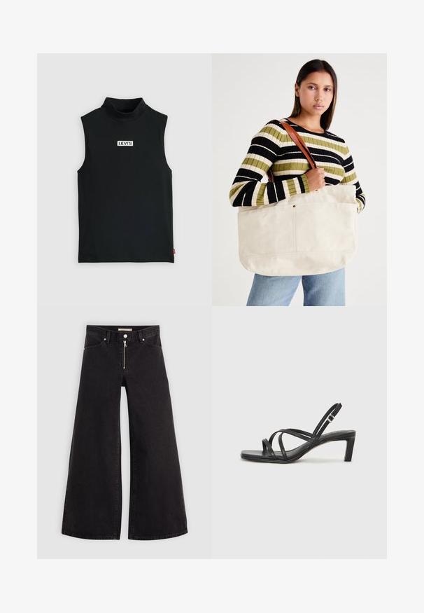 Top negro sin mangas de cuello alto hecho de tela elástica, con un logotipo blanco de Levi's en el centro sobre un parche rectangular, con una textura suave.; Jeans de pierna ancha en denim negro con cierre frontal, diseño de cinco bolsillos y detalles de costura sutiles. Textura suave y estilo casual.; Sandalia negra de tiras con punta cuadrada y tacón bajo de bloque. Presenta múltiples tiras delgadas y una correa ajustable en el tobillo. Fabricada en cuero suave.; Gran bolsa de lona beige grande con correas de cuero marrón, que presenta un diseño minimalista y costuras visibles como acentos.